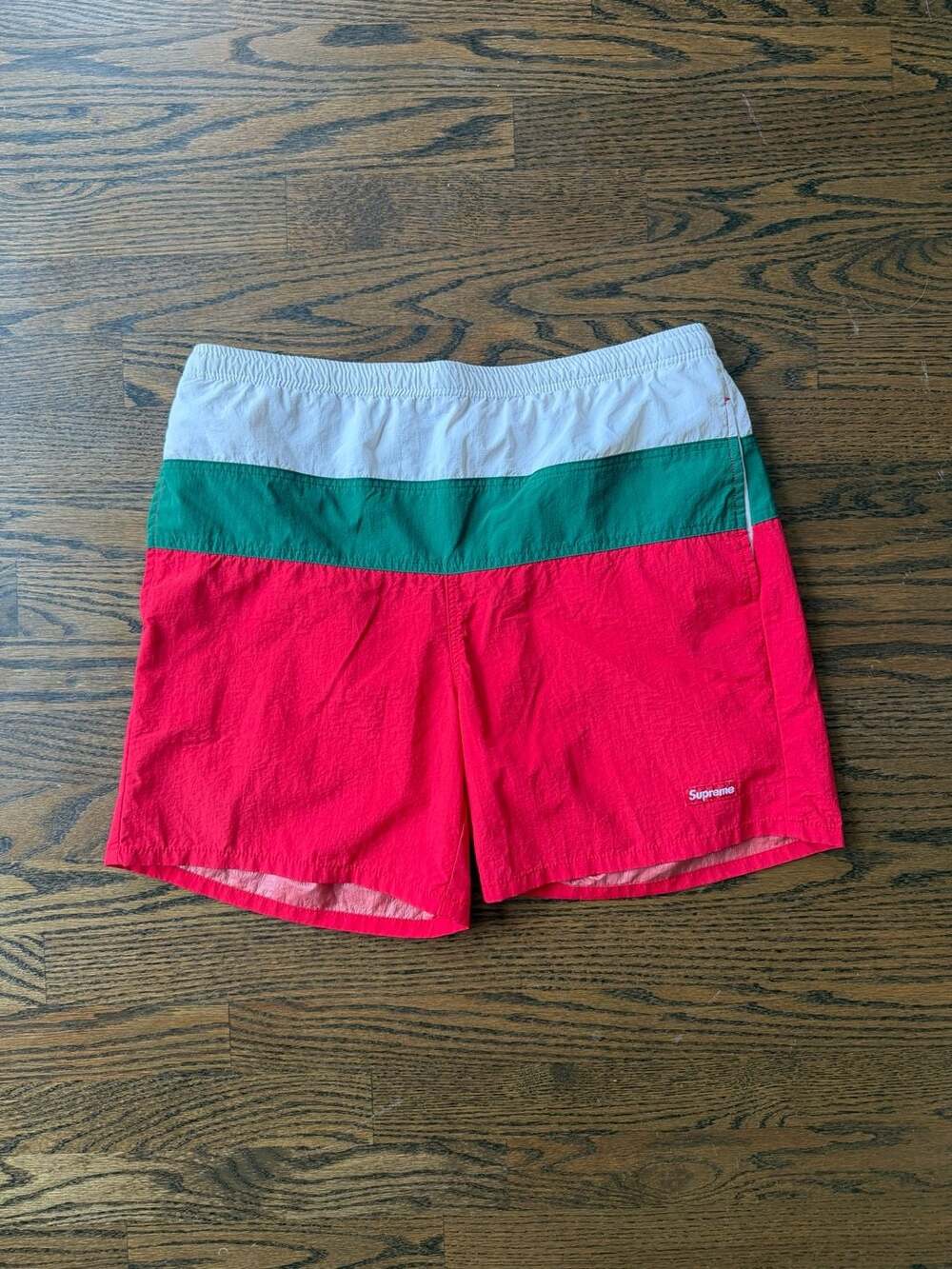 Supreme Split Logo Water Shorts Size Medium Red Green White Stripe SS17